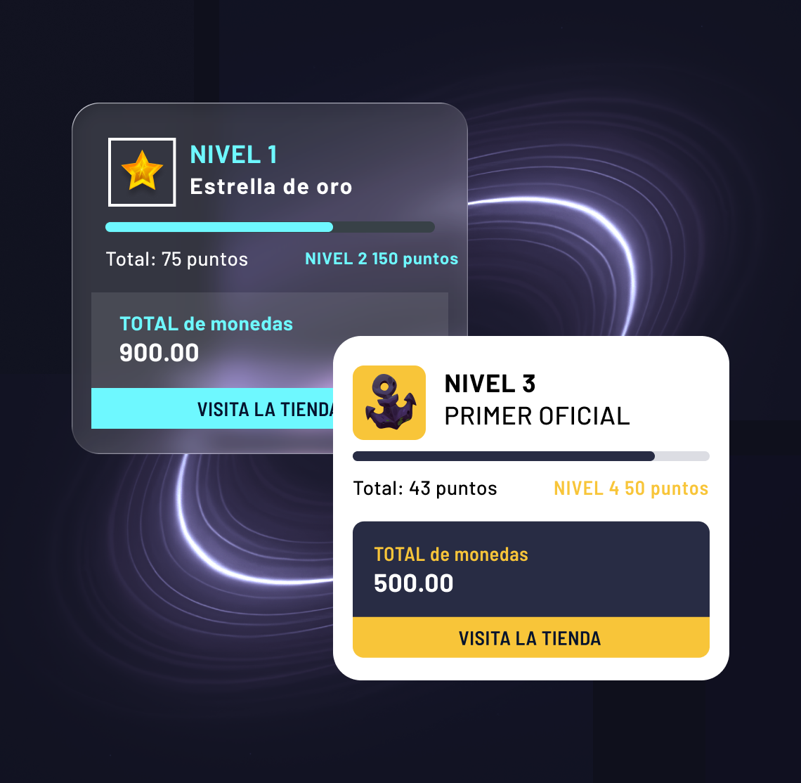 Interfaz de gamificación con marca con niveles y saldo de monedas