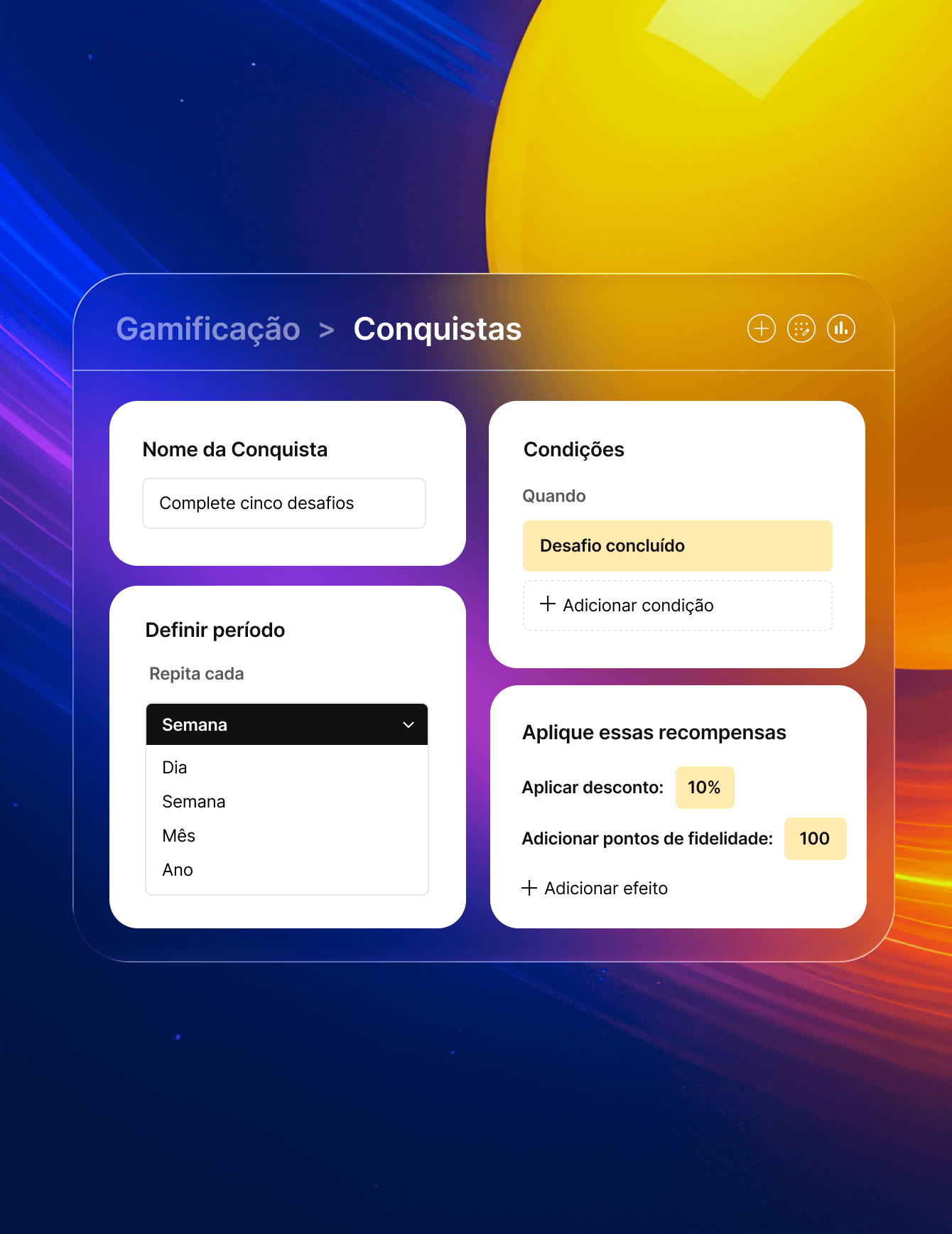 Tela de configuração de conquistas de gamificação