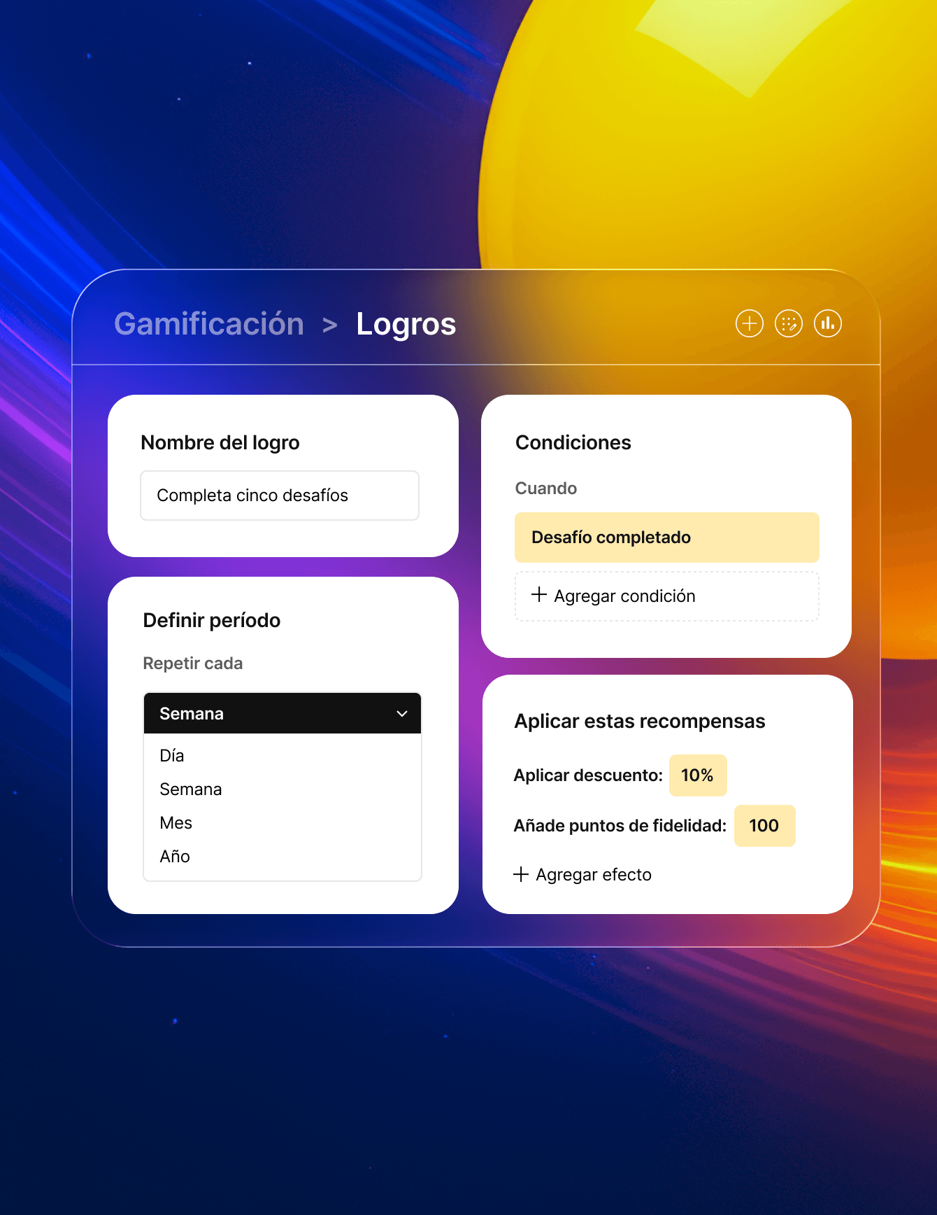 Pantalla de configuración de logros de gamificación
