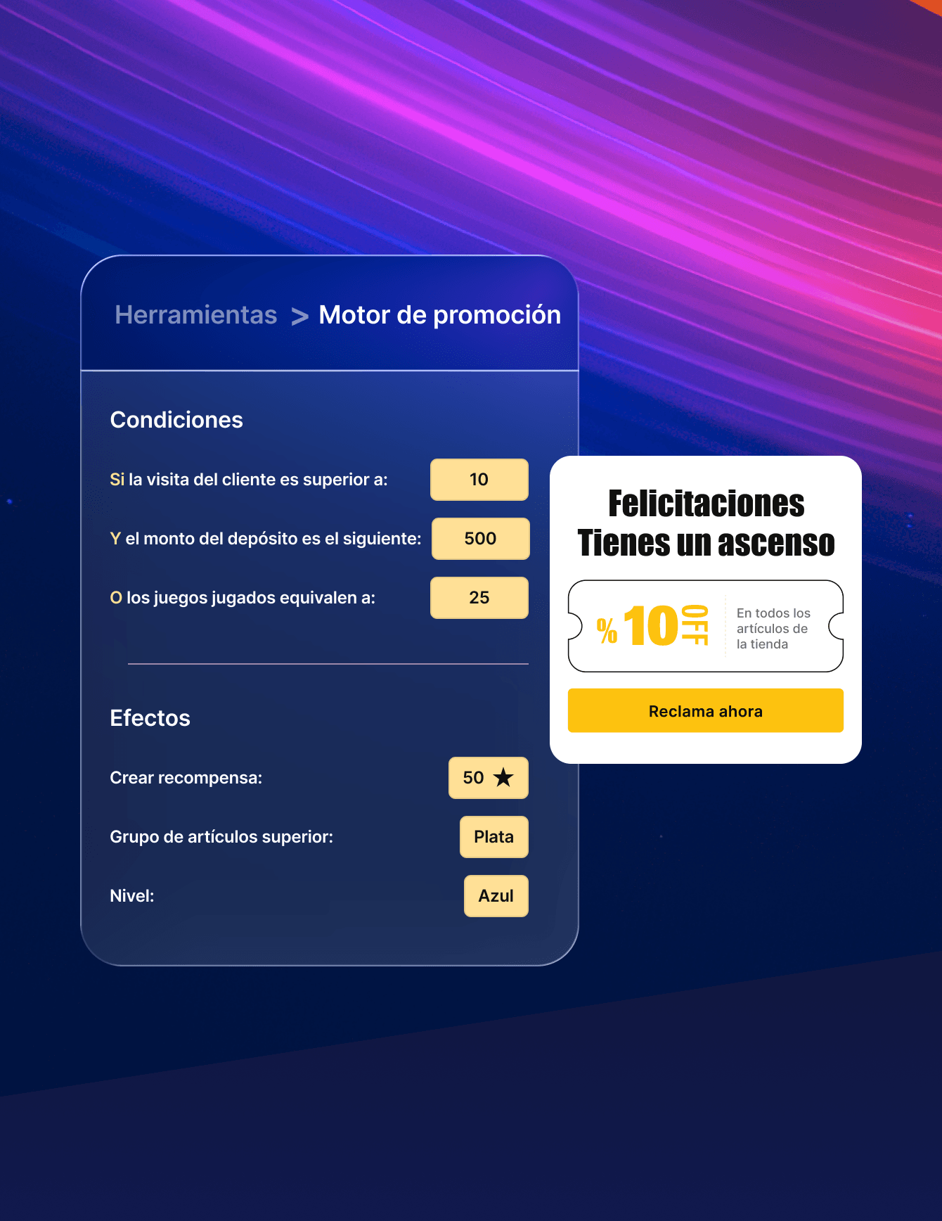 Reglas del motor de promociones y configuración de recompensas