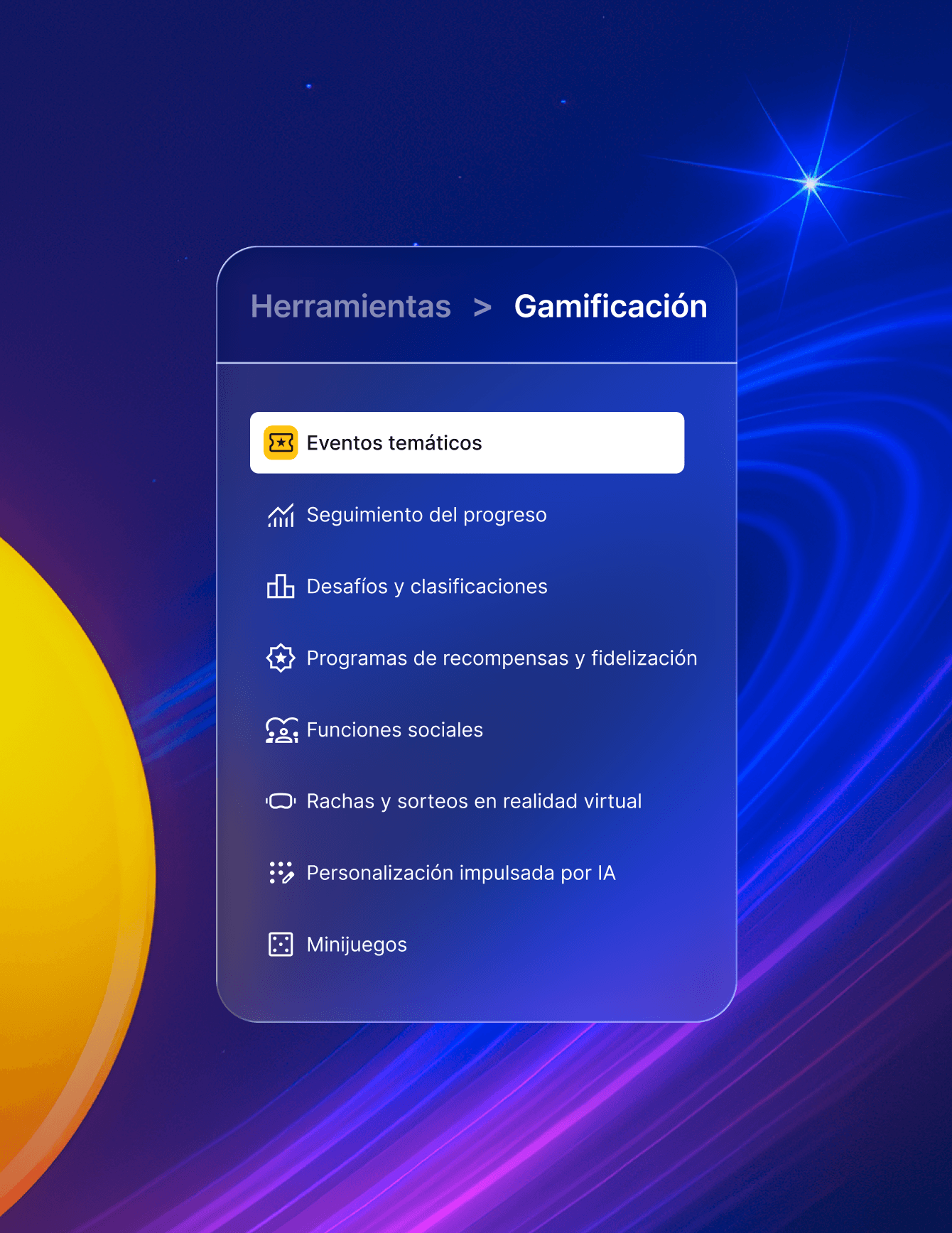 Panel de herramientas y funciones de gamificación