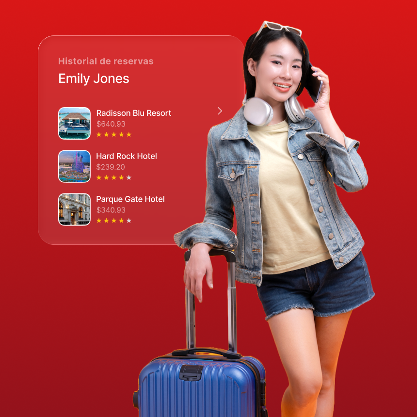 Huésped viendo historial de reservas de hotel con recompensas de fidelización
