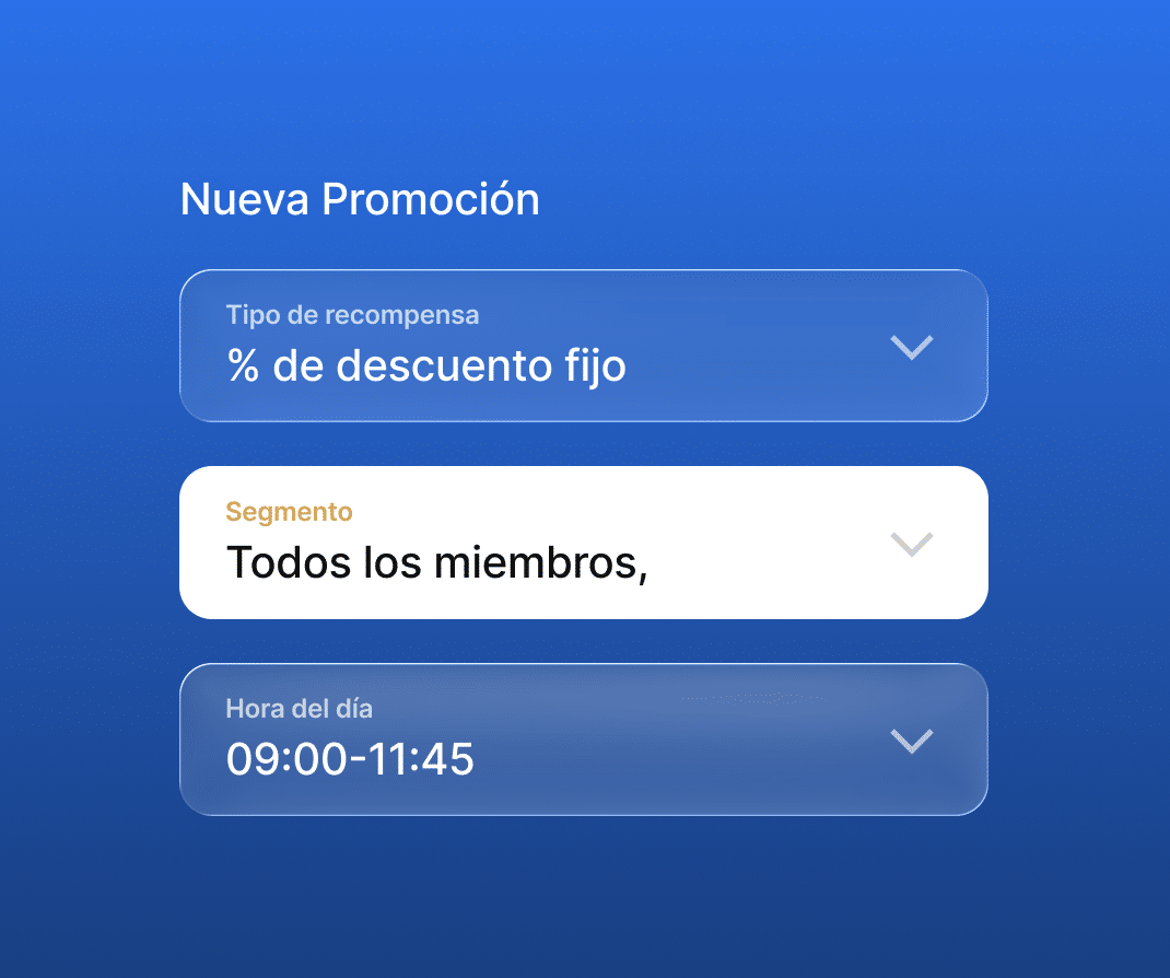 Panel de configuración de promociones con segmentación de usuarios y programación por tiempo