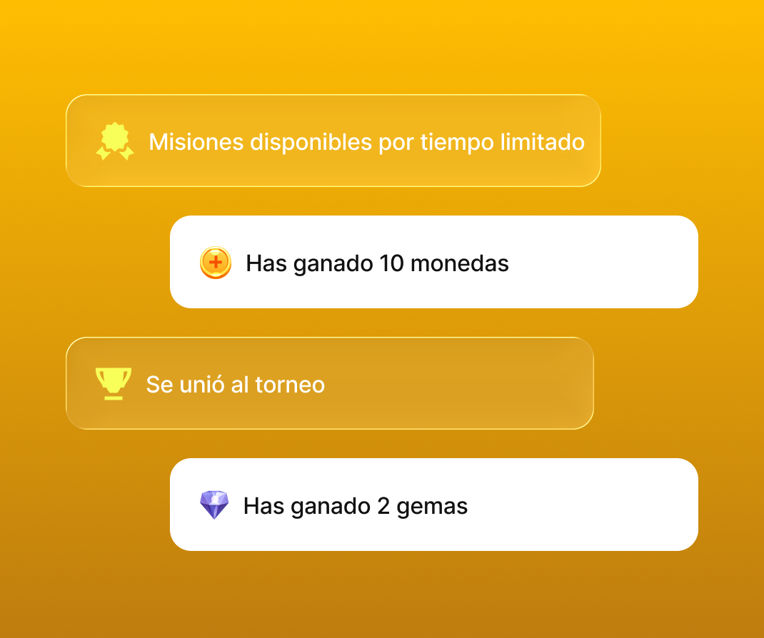 Feed de actividad de gamificación con monedas, gemas y recompensas de torneos