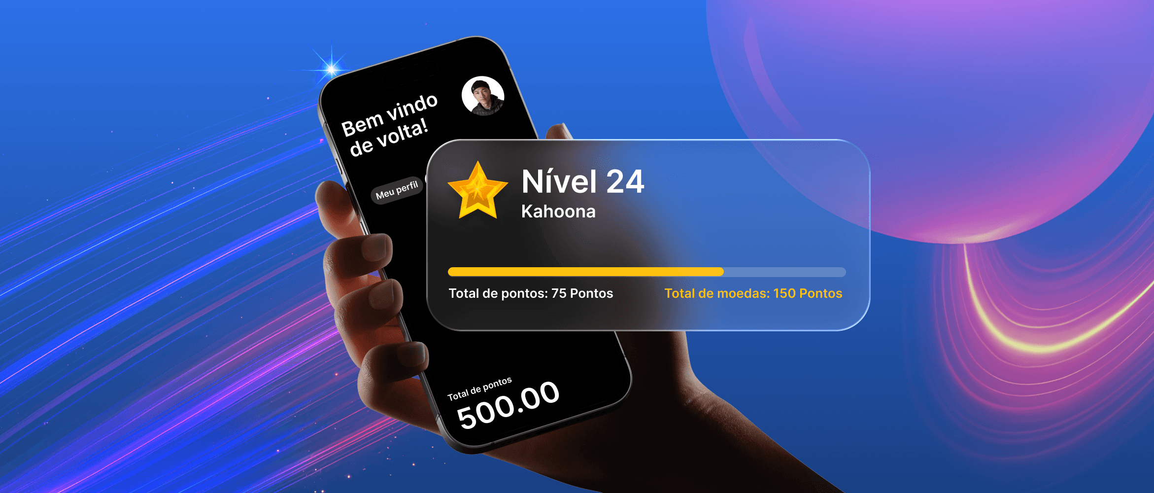Aplicativo móvel de fidelidade com pontos, níveis e saldo de moedas
