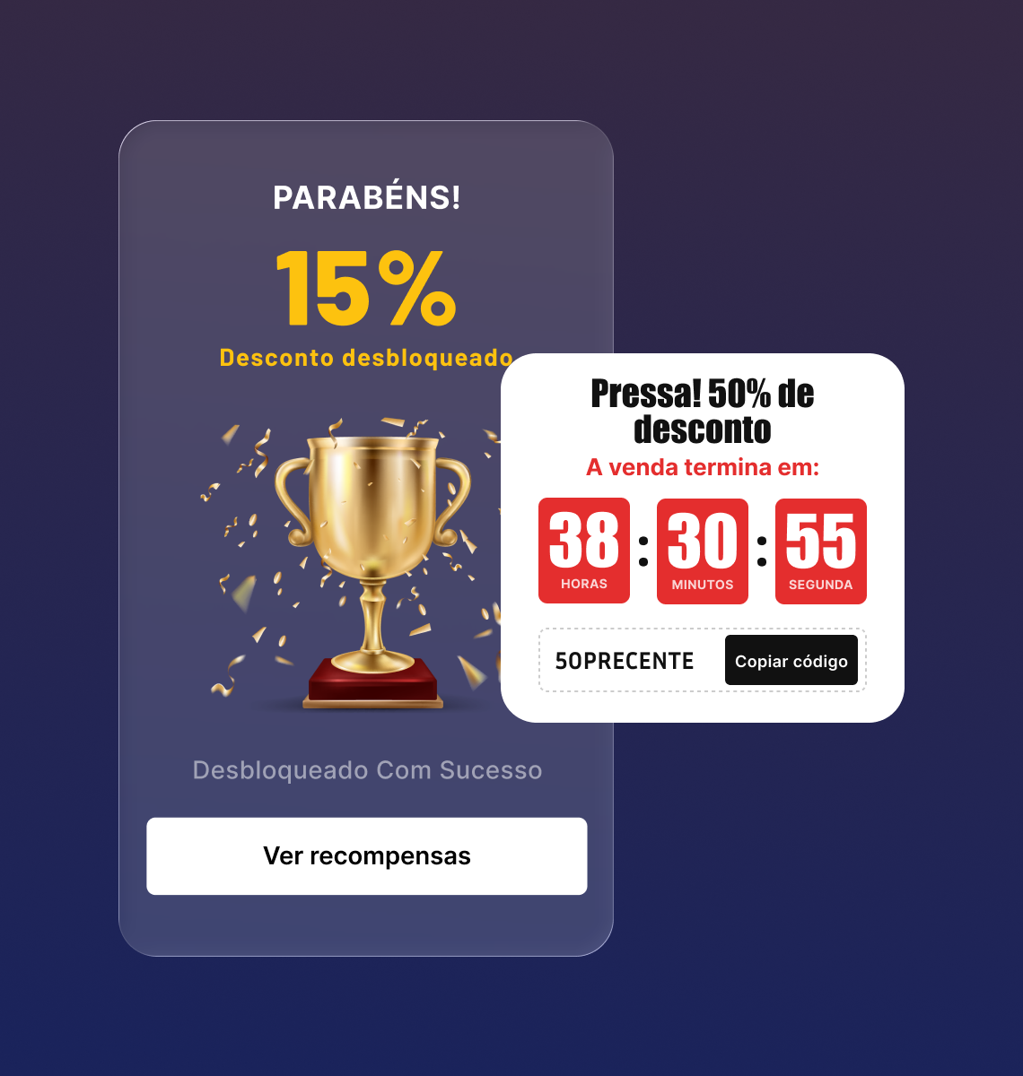 Recompensa gamificada tipo power up com oferta de desconto por tempo limitado