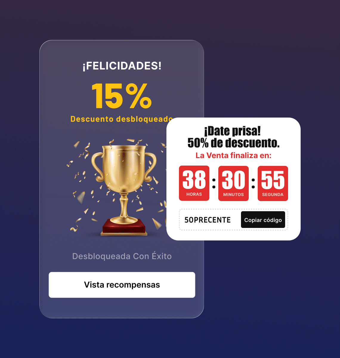 Recompensa gamificada tipo power up con oferta de descuento por tiempo limitado