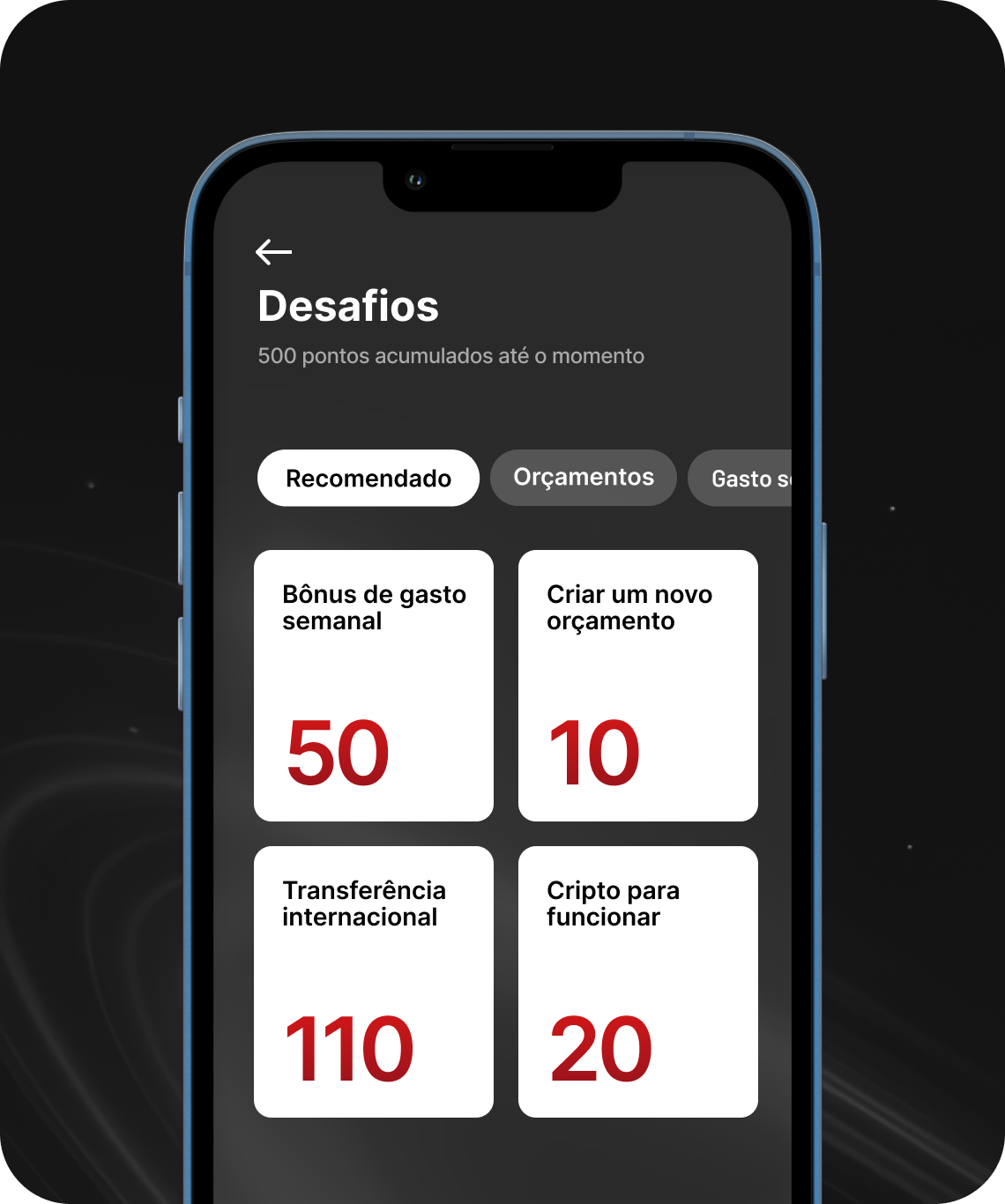 Interface personalizável de desafios e recompensas financeiras